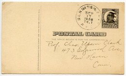 United States 1908 Scott UX20 Postal Card Bennington & Chatham RPO To New Haven. Connecticut - 1901-20