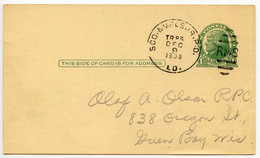 United States 1938 Scott UX27 Postal Card Soo & Mpls. RPO LD To Green Bay, Wisconsin - 1921-40