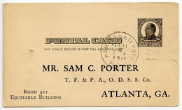 United States 1911 Scott UX19 Postal Card Hamlet & Atlanta RPO; Abbeville, South Carolina To Atlanta, Georgia - 1901-20