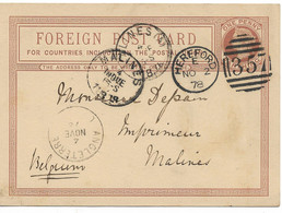 PM102/ Great Britain Postal Stationery Canc. Hereford + 357 1878 > Belgium Printer Malines Arrival Canc. Marque D'entrée - Postwaardestukken