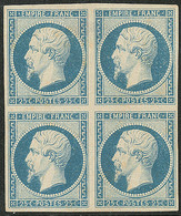 (*) No 15, Bleu, Bloc De Quatre (deux Ex Amincis) Mais Très Frais Et TB D'aspect - 1853-1860 Napoléon III