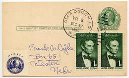 United States 1959 Scott UX26 Uprated Postal Card Omaha & Ogen ED RPO; To Weston, Nebraska; W/ BIA Label - 1941-60