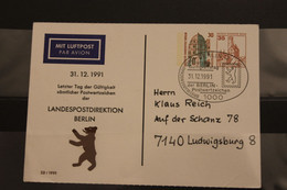 Berlin; Ganzsache Mit Zudruck Und Sonderstempel:Letzter Tag Der Gültigkeit Berliner PWZ, 1991 - Cartes Postales Privées - Oblitérées