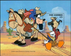Delcampe - Gambie 1995 Disney Cowboys Dingo Donald Chevaux Bovins Vaches Cactus M S MNH - Disney