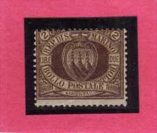 SAN MARINO 1892 - 1894 STEMMA COAT OF ARMS ARMOIRIES LIRE 2 MNH DISCRETAMENTE CENTRATO - Unused Stamps
