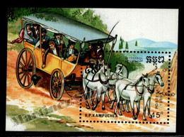 Delcampe - Kampuchea 1989 Yvert BF 70A, Fauna, Working Horses Pulling Carriage - MNH - Kampuchea