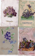 Thème. Fantaisie.. Ensemble De 4 Cartes  Dont Dentelées, Relief Fleurs Myosotis. Pensée. Ruban  (voir Scan) - Other & Unclassified