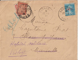 Delcampe - ALGERIE - 1926 - DOUBLE TAXE ! SEMEUSE SURCHAGEE Sur ENVELOPPE De BOUKTOUB ! => MARSEILLE => HOPITAL MILITAIRE VICHY - Brieven En Documenten