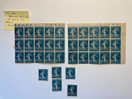 FRANCE - 1907-1927 Semeuse Camée Fond Plein Bleu 25c Ensemble De 2 Blocs De 15 Timbres + Bloc De 2 + 3 Isolés - 1906-38 Semeuse Camée