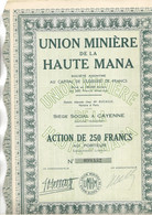 UNION MINIERE DE LA HAUTE MANA -- LOT 2ACTIONS DE 250 FRS -SIEGE SOCIAL A CAYENNE -GUYANE - - Miniere