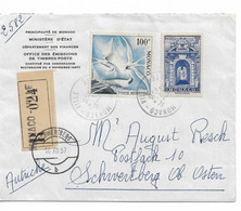PM129/ TPA 66 Oiseaux + TP S/L. Recommandée Obl. Monaco-Ville 1957 > Schwertberg Autriche Label Verte DOUANE - Covers & Documents