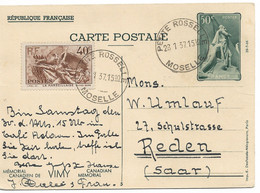 PM130/ Entier CP 50c Mémorial Canadien De Vimy Canadian Memorial +TP  Obl. Petite Rosselie 1937 > Reden Saar - Standard Postcards & Stamped On Demand (before 1995)