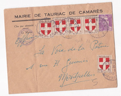 Enveloppe De 1948 Mairie De Tauriac De Camares Aveyron Pour Montpellier Hérault - Cartas & Documentos