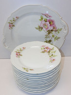 *SUPERBE SERVICE GÂTEAUX PLAT & 12 ASSIETTES A GIRAUD & Cie FLEURS EGLANTIERS  E - Limoges (FRA)