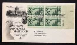 UNITED STATES, Circulated FDC, FDC Minnesota 100th Anniv Landscape Block First Day Cover, 1958 - 1951-1960
