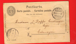 VAX-01 Postkarte Ganzsache 5 Rappen Entier 5ct Circulé Avec Cachet Bienne Et Estavayer-le-lac En 1894. Pli Transversal - Entiers Postaux