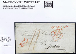 Ireland Derry 1826 Cover To Dublin, Prepaid "11" Single, Rare Arc PAID Of Coleraine In Red, Matching COLERAIN/124 Mileag - Préphilatélie