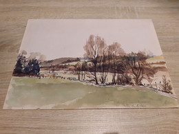 Delcampe - Dessin Aquarelle Originale Huile Sur Papier Neufchâteau Straimont Martilly Vallée De La Vierre 1985 - Dessins