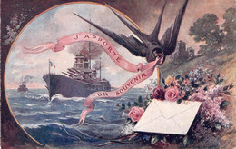 Illustration - Hirondelle Apportant Un Bandeau Souvenir Avec Un Navire De Guerre Français - Pub Pharmacie Carvin Au Dos - 1900-1949