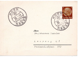 56656 - Deutsches Reich - 1939 - 3Pfg Hindenburg EF A Kte SoStpl HORN - KREISTAG DER NSDAP -> Leipzig - Cartas & Documentos