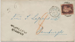 GB 16.1.1867, QV 1d Pl. 92 (JL) With Duplex "LONDON-W / W / 19", Black "INSUFFICIENTLY / STAMPED" And Red Manuscript "8" - Briefe U. Dokumente