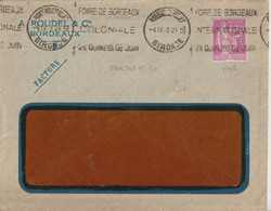 1933 - PAIX PERFORE (PERFIN) Sur ENVELOPPE PUB "ROUDEL & Cie" De BORDEAUX Avec MECA FOIRE COLONIALE - Cartas & Documentos