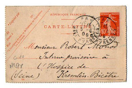 TB 3941 - 1909 - Entier Postal - Mr MONOD Père à PAU Pour Mr Robert MONOD Interne à L'Hospice LE KREMLIN - BICETRE - Tarjetas Cartas