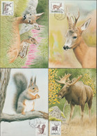 Delcampe - Suède 1992 Y&T 1686 à 1689 Sur Cartes Maximum. Animaux Sauvages Suédois. Chevreuil, écureuil, élan Ou Orignal - Wild