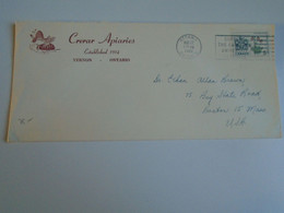 E0488.31 CANADA  Cover  Ca 1966 Ottawa  -Crerar Apiaries  -Vernon -Ontario - Bee  Keeping Apiary Bienenhaus Rucher - Storia Postale