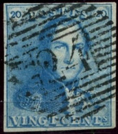 BELGIQUE - COB 2C - 20C BLEU LAITEUX EPAULETTES MARGE OBLITERE - 1849 Hombreras