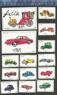 CARS HISTORY 1897- 969 AUTO VOITURES VEHICLES VW BEETLE FERRARI MASERATI FIAT DODGE DELAGE PUCH  MATCHBOX LABELS HUNGARY - Zündholzschachteletiketten