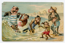 Famille De Singes à La Plage. Monkeys.carte Gaufrée. - Monkeys