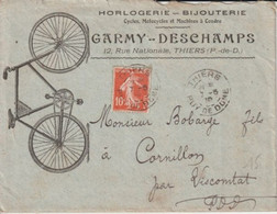 1910 - SEMEUSE / ENV. PUB ILLUSTREE "HORLOGERIE-BIJOUTERIE CYCLES MOTOCYCLES MACHINES A COUDRE" ! De THIERS PUY DE DOME - Covers & Documents