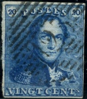 BELGIQUE - COB 2Ac - 20C BLEU LILACE EPAULETTES MARGE OBLITERE - 1849 Hombreras