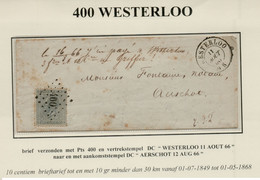 400-01 Pts 400   WESTERLOO    Naar    AERSCHOT Frankering 1 X 10  CENTIEM - 1865-1866 Linksprofil