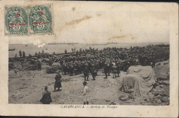 Delcampe - CPA CP Maroc Casablanca Arrivée De Troupes YT Blanc 111 X2 Surchargés CAD 1912 - Casablanca