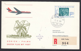 1966 Zurich To Palma Cachet SwissAir Flight Cover Displaying Stamp From Lichtenstein Registered From Vaduz - Covers & Documents