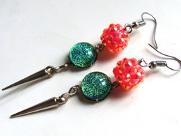 Boucles D'oreilles Pendantes, Bijou Fait-main, Verre Dichroic Artisanal, Disco-ball, Spike, Verre Dichroïque Vert, Cadea - Earrings