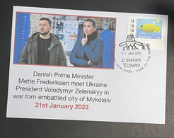 (2 Oø 13) Danmark Prime Minister Visit To Ukraine (with OZ Fish Re-print Stamp) 31-1-2023 - Lettres & Documents