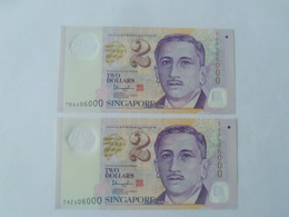 Set Of 2 Singapore Polymer Portrait Series Banknote $2 Two Dollars Same Nice Lucky Number Ref. 406000 (# 207) UNC - Singapour