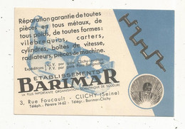 Cp ,publicité ,imprimé , établissements BARIMAR ,  CLICHY ,  Seine ,  Voyagée ,type Carte De Visite ,  2 Scans - Publicidad