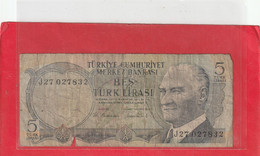 TURKIYE CUMHURIYET MERKEZ BANKASI  .  5 TURK LIRASI  .  14 OCAK 1970 .  N°  J 27 027832  .  2 SCANES - Turquie