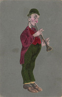 Fantaisies - Homme Jouant De La Flutte - Velour - Colorisé - Musique - Carte Postale Ancienne - Men