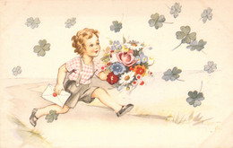 Illustration Non Signée - Enfant - Petite Fille Courant Porter Un Bouquet De Fleurs- Trèfle - Carte Postale Ancienne - Sonstige & Ohne Zuordnung