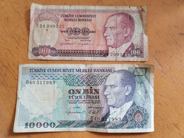 2 BILLETS TURQUIE 100 ET 10000 LIVRES AYANT CIRCULE - Turquie