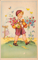 Illustration Non Signée - Enfant - Fille Tenant Des Fleurs - Bêret Rouge - Papillon - Chemin - Carte Postale Ancienne - Sonstige & Ohne Zuordnung