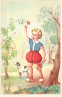 Illustration Non Signée - Enfant - Fille Cueillant Des Fleurs Avec Son Chien Sur Arbuste - Carte Postale Ancienne - Autres & Non Classés