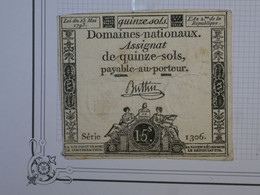 BN5 FRANCE BILLET ASSIGNAT DE 15 SOLS  -23 05 /1793 - DOMAINES NATIONAUX - SERIE 1306 - Assignate