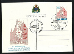 ●nSan MARINO 1985 ֍ SANGUE AVSS ● CART. POST. 1° Giorno Emissione  Serie Completa  Cat. ? € - Postal Stationery