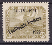 Italy Occupation WWI, Fiume 1922 Constituente Fiumana Sassone#183 Mi#147 Mint Hinged - Fiume